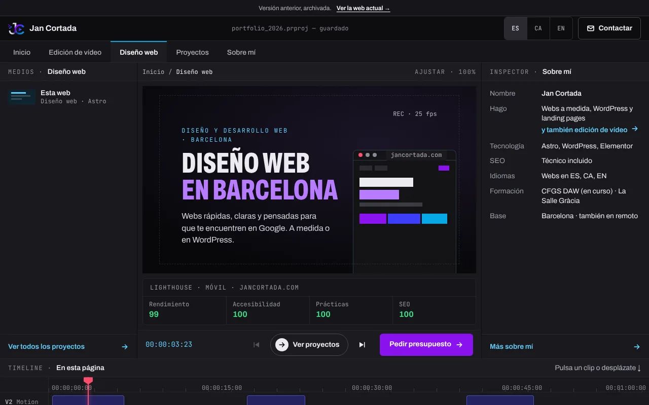 Screenshot of the Web design page of the previous version, on desktop: viewer with a browser mockup and the Lighthouse scores.