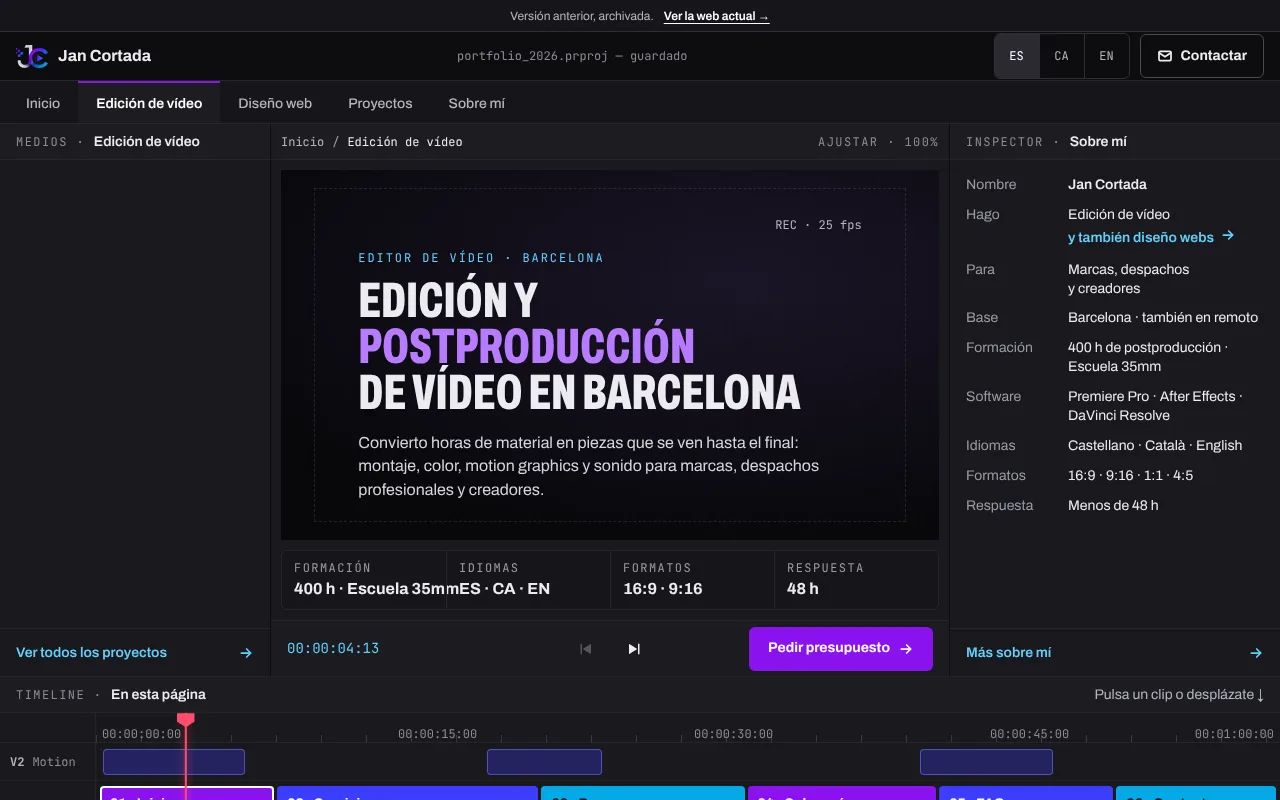 Screenshot of the Video editing page of the previous version, on desktop: viewer, data panel and timeline.