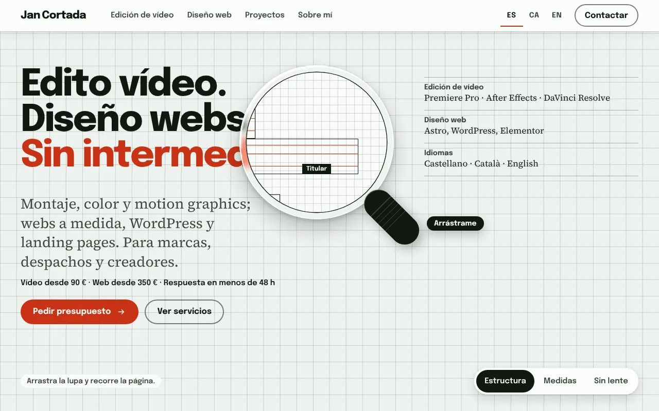 Home page of this site: paper with a grid, the headline «I edit video. I design websites. No middlemen.» and a glass magnifier resting on the headline.