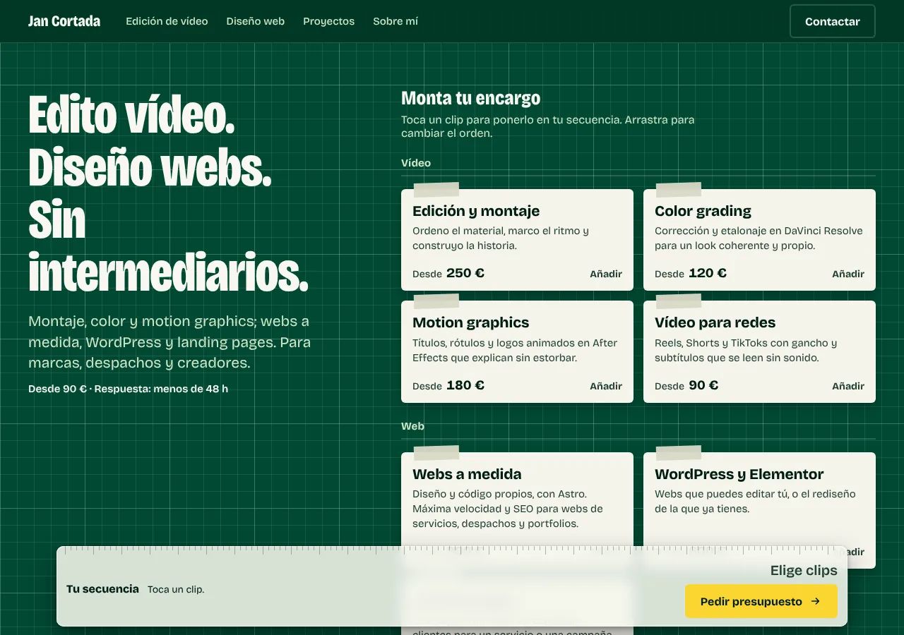 Test B, Cut, on desktop: a green background with a grid, service cards and a ruler at the bottom holding your sequence.
