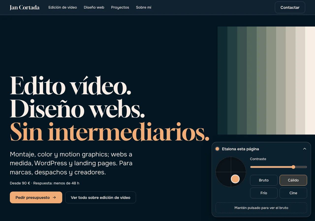 Test A, Grade, on desktop: a serif headline on a dark blue background, a colour scale and a control tray for grading the page.