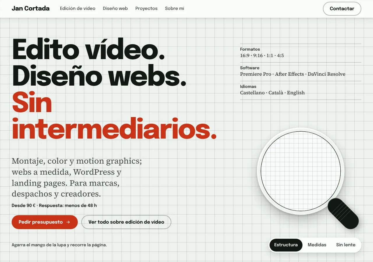 Test C, Lens, on desktop: light paper with a grid, a big headline and a glass magnifier with a handle.